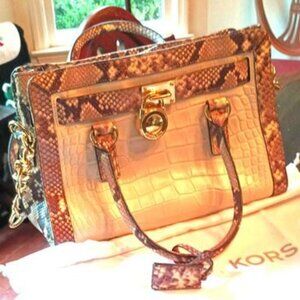 Michael Kors, Snakeskin and Leather Handbag, Brownish Black and Cream with Gold